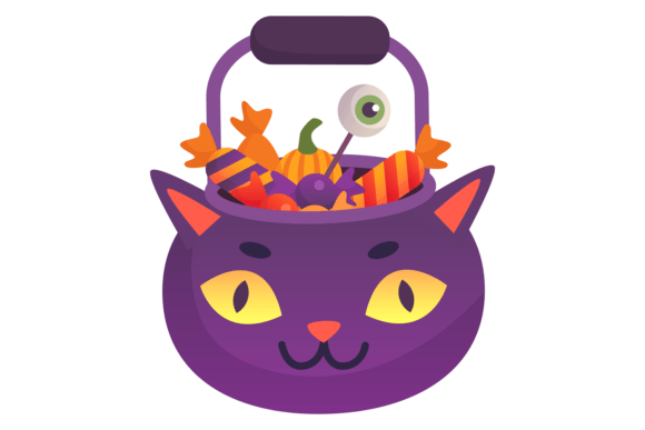 Funny Cat Head Basket. Cartoon Candy Tre Graphics and Illustrations