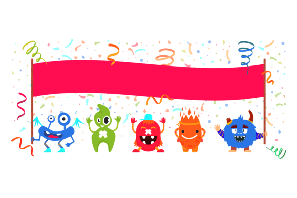 Funny Monsters Hold Empty Banner. Holida Graphics and Illustrations Review